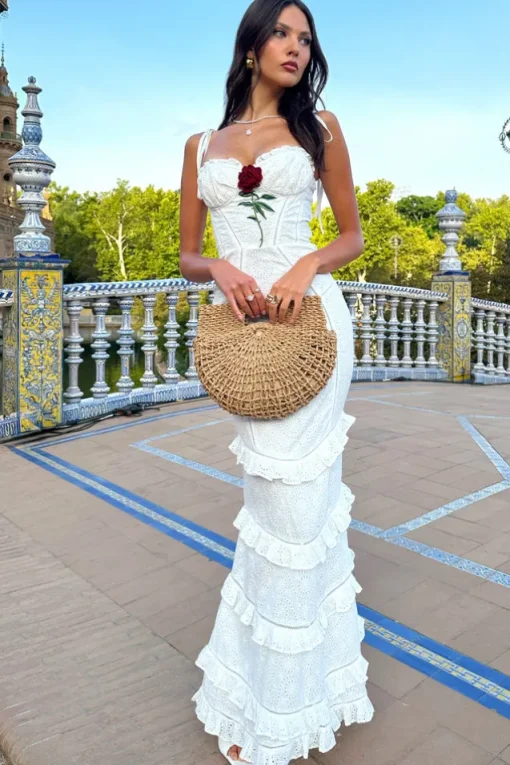 Chiara | White Broderie Rose-Embroidered Ruffled Maxi Dress