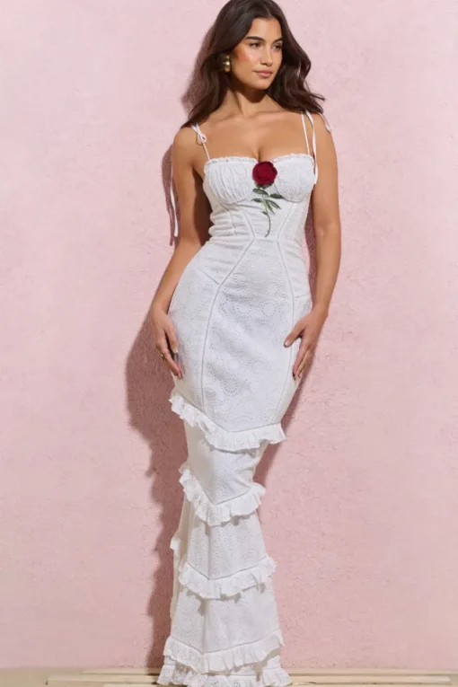 Chiara | White Broderie Rose-Embroidered Ruffled Maxi Dress