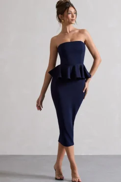 Chicago | Navy Bodycon Bandeau Midi Dress With Peplum Detail