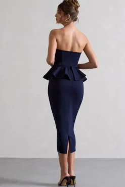 Chicago | Navy Bodycon Bandeau Midi Dress With Peplum Detail