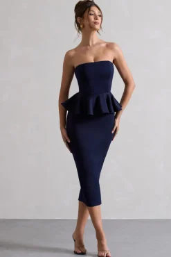 Chicago | Navy Bodycon Bandeau Midi Dress With Peplum Detail