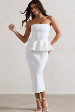 Chicago | White Bodycon Bandeau Midi Dress With Peplum Detail