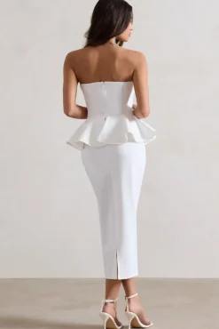 Chicago | White Bodycon Bandeau Midi Dress With Peplum Detail