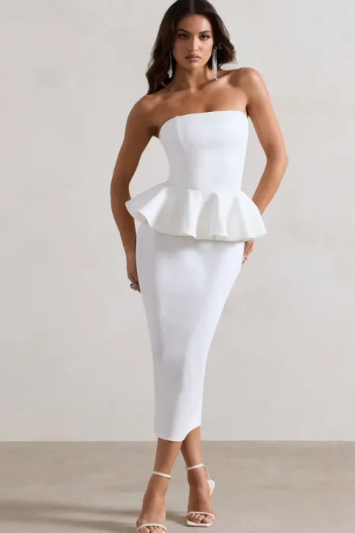 Chicago | White Bodycon Bandeau Midi Dress With Peplum Detail