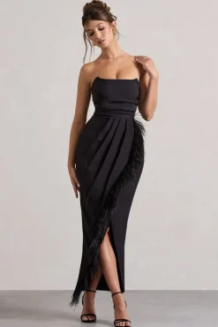 Chosen | Black Bandeau Wrap Maxi Dress With Feather Trim