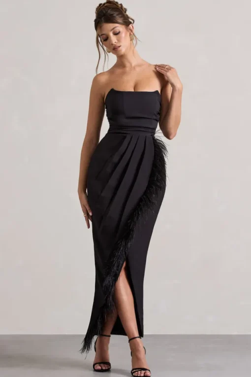 Chosen | Black Bandeau Wrap Maxi Dress With Feather Trim