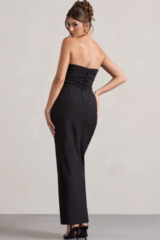 Chosen | Black Bandeau Wrap Maxi Dress With Feather Trim
