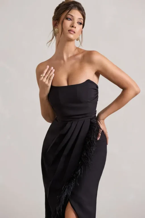 Chosen | Black Bandeau Wrap Maxi Dress With Feather Trim