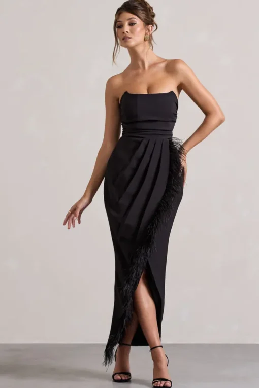 Chosen | Black Bandeau Wrap Maxi Dress With Feather Trim