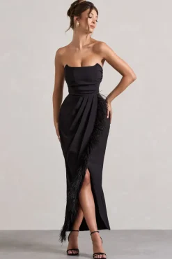 Chosen | Black Bandeau Wrap Maxi Dress With Feather Trim