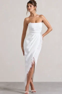 Chosen | White Bandeau Wrap Maxi Dress With Feather Trim
