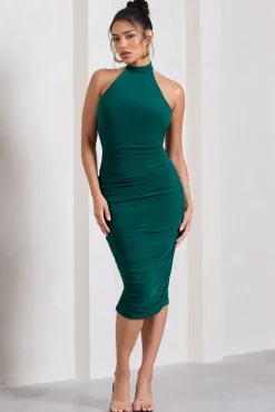 Chrissy | Bottle Green Halterneck Ruched Midi Dress