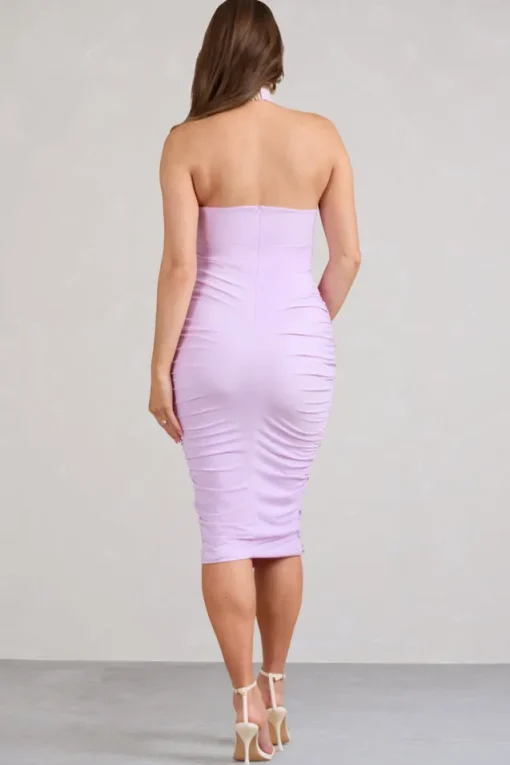 Chrissy | Lilac Maternity Halterneck Ruched Midi Dress