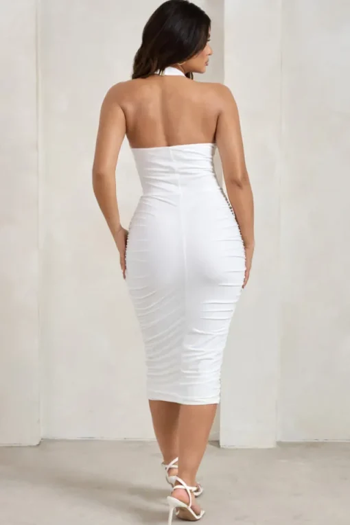 Chrissy | White Halterneck Ruched Midi Dress