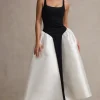 Christie | Black and Cream Scoop-Neck Midi Dress With Volume Skirt