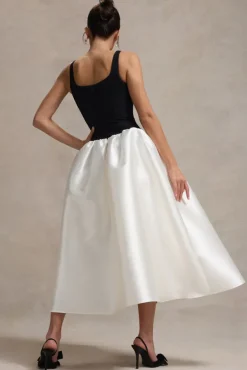 Christie | Black and Cream Scoop-Neck Midi Dress With Volume Skirt