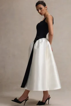 Christie | Black and Cream Scoop-Neck Midi Dress With Volume Skirt