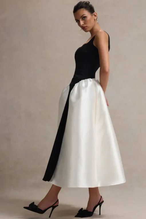 Christie | Black and Cream Scoop-Neck Midi Dress With Volume Skirt