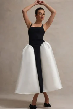 Christie | Black and Cream Scoop-Neck Midi Dress With Volume Skirt