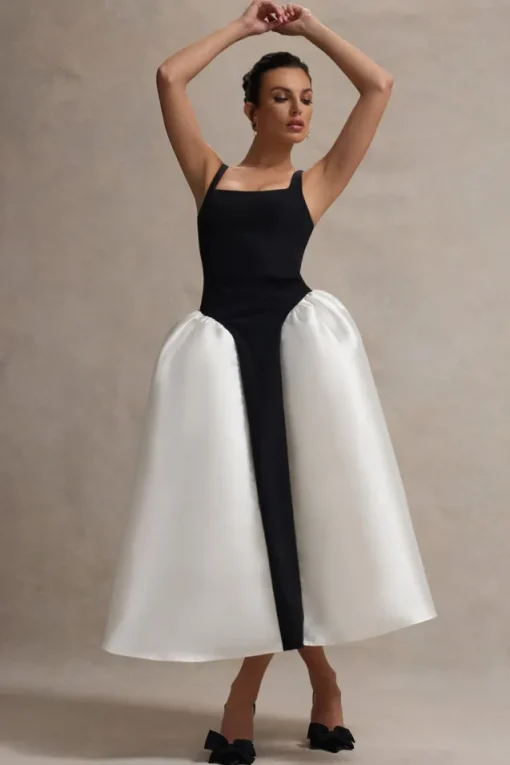Christie | Black and Cream Scoop-Neck Midi Dress With Volume Skirt