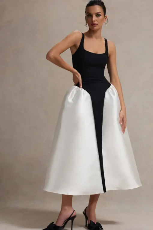 Christie | Black and Cream Scoop-Neck Midi Dress With Volume Skirt