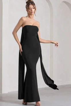 Christina | Black Bandeau Sleeveless Maxi Dress With Cape