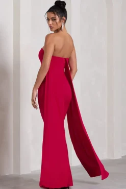 Christina | Red Bandeau Sleeveless Maxi Dress With Cape