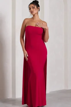 Christina | Red Bandeau Sleeveless Maxi Dress With Cape