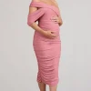 Cici | Blush Pink Asymmetric Ruched Maternity Midi Dress