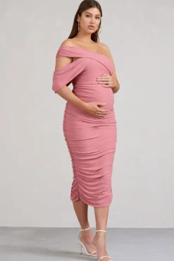 Cici | Blush Pink Asymmetric Ruched Maternity Midi Dress