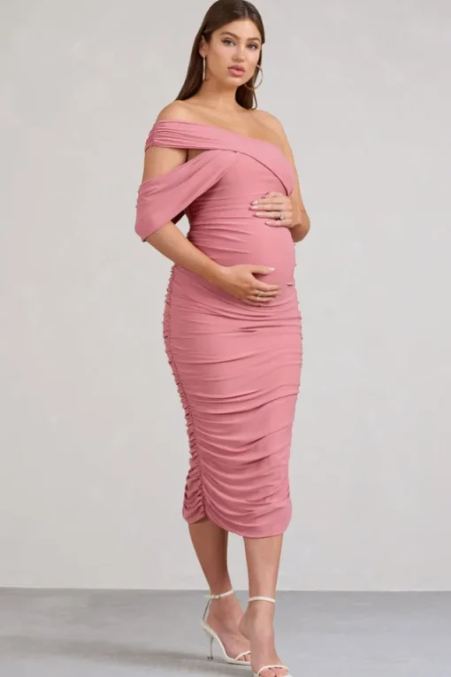 Cici | Blush Pink Asymmetric Ruched Maternity Midi Dress