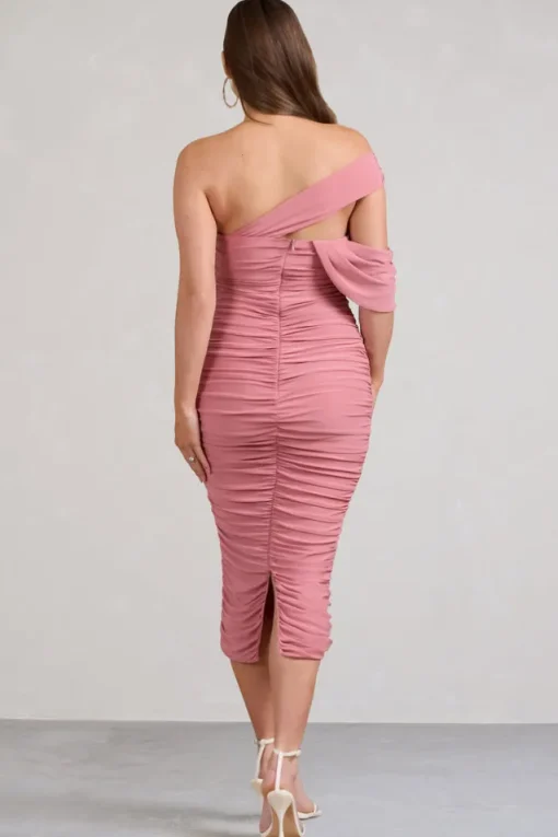 Cici | Blush Pink Asymmetric Ruched Maternity Midi Dress