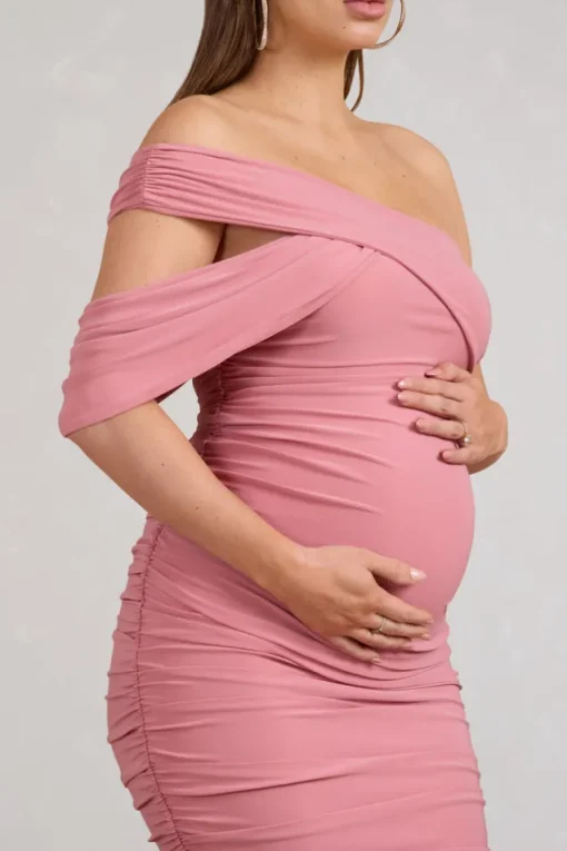 Cici | Blush Pink Asymmetric Ruched Maternity Midi Dress