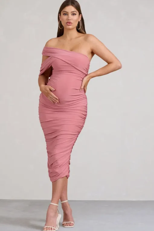Cici | Blush Pink Asymmetric Ruched Maternity Midi Dress