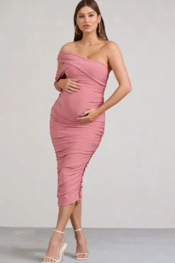 Cici | Blush Pink Asymmetric Ruched Maternity Midi Dress