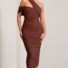 Cici | Brown Asymmetric One Shoulder Ruched Midi Dress
