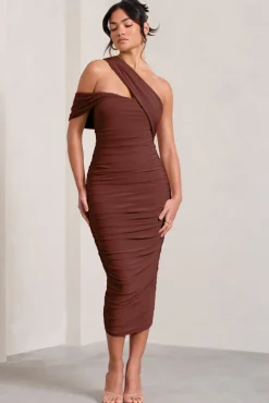 Cici | Brown Asymmetric One Shoulder Ruched Midi Dress