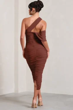 Cici | Brown Asymmetric One Shoulder Ruched Midi Dress