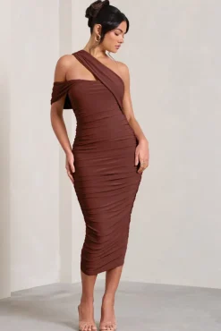 Cici | Brown Asymmetric One Shoulder Ruched Midi Dress