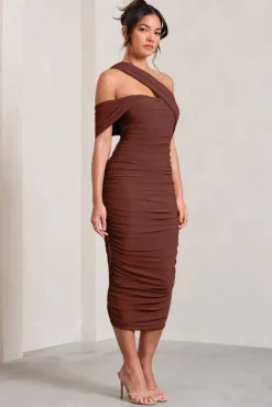 Cici | Brown Asymmetric One Shoulder Ruched Midi Dress