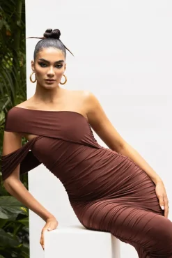 Cici | Brown Asymmetric One Shoulder Ruched Midi Dress