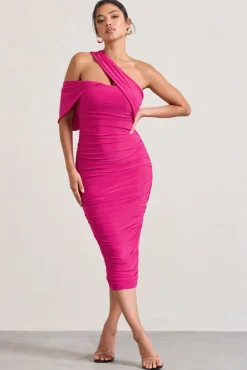 Cici | Hot Pink Asymmetric One Shoulder Ruched Midi Dress