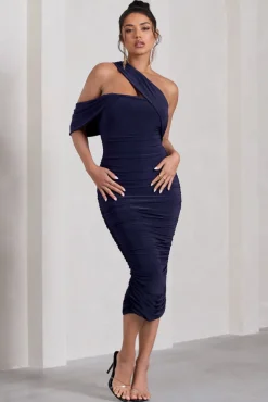 Cici | Navy Asymmetric One Shoulder Ruched Midi Dress