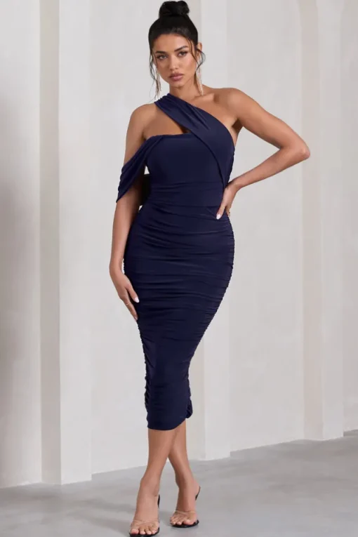 Cici | Navy Asymmetric One Shoulder Ruched Midi Dress