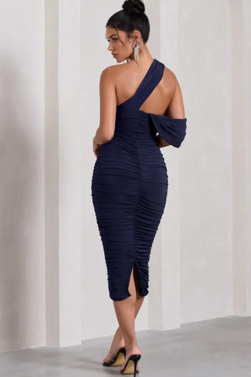 Cici | Navy Asymmetric One Shoulder Ruched Midi Dress