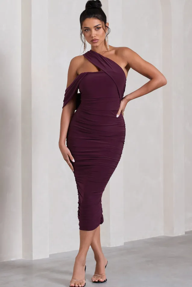 Cici | Plum Asymmetric One Shoulder Ruched Midi Dress