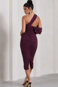 Cici | Plum Asymmetric One Shoulder Ruched Midi Dress