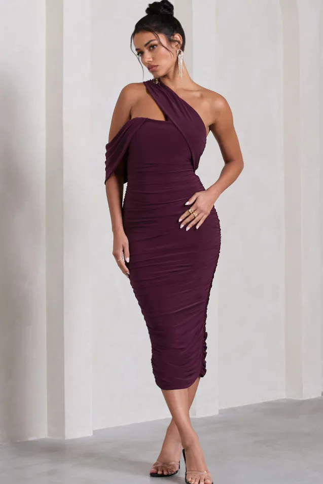 Cici | Plum Asymmetric One Shoulder Ruched Midi Dress