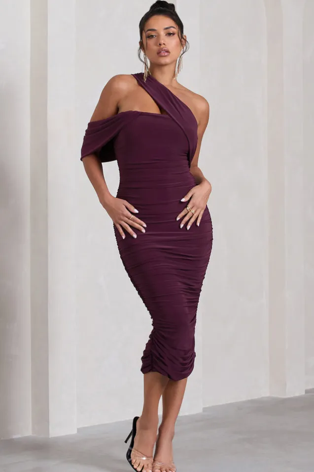 Cici | Plum Asymmetric One Shoulder Ruched Midi Dress