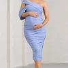 Cici | Powder Blue Asymmetric Ruched Maternity Midi Dress